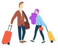 Man and woman with suitcases traveling and airport flight passengers