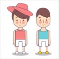 Man and woman summer clothing vector icon set. Pants, trunks, hat, shirt. couple line vector illustration. Royalty Free Stock Photo