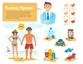 Man and woman sunbathing infographics couple vacation summer time on the beach sand tropical nature vector illustration.