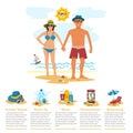 Man and woman sunbathing infographics couple vacation summer time on the beach sand tropical nature vector illustration. Royalty Free Stock Photo
