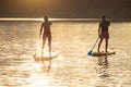 Man and woman sup board surfers at sunset. Royalty Free Stock Photo