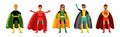 Man and Woman Superhero Wearing Cape Having Super Power Vector Set