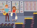Man and woman at supermarket, vector illustration. Young couple buying groceries, food shop clients. People choosing