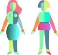 Eyeless Peasant Man and Woman in Suprematist Style, Simplified Figures, Wassily Kandinsky Style