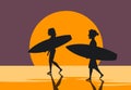 Man and woman, surfers couple walking on water on the beach with surfboards at sunset