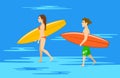 Man and woman, surfers couple walking on water on the beach with surfboards