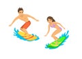 Man and woman surfers isolated