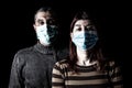 Man and woman with surgical masks. Couple protected with face mask. Pandemic or epidemic, scary, fear or danger concept. Royalty Free Stock Photo