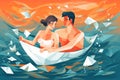Man and woman swim in paper boat