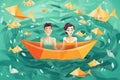 Man and woman swim in paper boat