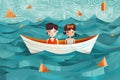 Man and woman swim in paper boat created with Generative AI technology