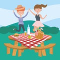 Man and woman table food picnic nature landscape