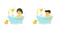 A man and woman takes a bath. Shower in the bathroom. Bathing time. Vector cartoon style