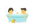 A man and woman takes a bath together. Shower in the bathroom. Bathing time. Romantic relaxation. Cartoon style. Royalty Free Stock Photo