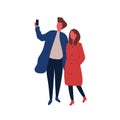 Man and woman taking selfie flat vector illustration. Boyfriend and girlfriend on date. Stylish guy holding smartphone