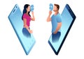Man and woman talking with each other using mask through smart phone