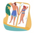 Man and Woman Tanning on Beach Lying on Mat with Sunscreen Protection Cream. Loving Couple Characters on Vacation