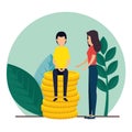 Man and woman teamwork with plant and coins Royalty Free Stock Photo