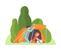 Man and woman in a tent at a campsite. Vector illustration.