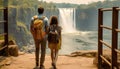 Man and woman with their travel backpacks looking back at waterfall in beautiful exotic nature. Generative Ai