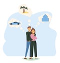 Man and woman think about house, car and vaction on the sea. Male character dream about wealth. Royalty Free Stock Photo