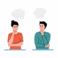 Man and woman thinking or solving problem surrounded by thought bubbles Royalty Free Stock Photo