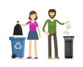 Man, woman throws garbage in trash can. Ecology, rubbish removal vector illustration Royalty Free Stock Photo