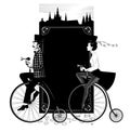 Man and woman in top hats ride retro bicycles against the background of a decorative frame and the silhouette of the old city Royalty Free Stock Photo