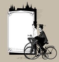 Man and woman in top hats ride retro bicycles against the paper sheet with a decorative frame and the silhouette of the old city Royalty Free Stock Photo