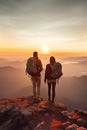 man and woman tourist hiking at mountain peak at sunset, romantic hikers couple standing at cliff at sunrise Royalty Free Stock Photo