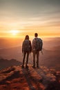 man and woman tourist hiking at mountain peak at sunset, romantic hikers couple standing at cliff at sunrise