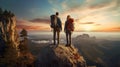 man and woman tourist hiking at mountain peak at sunset, romantic hikers couple standing at cliff at sunrise