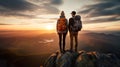 man and woman tourist hiking at mountain peak at sunset, romantic hikers couple standing at cliff at sunrise