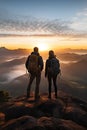 man and woman tourist hiking at mountain peak at sunset, romantic hikers couple standing at cliff at sunrise Royalty Free Stock Photo