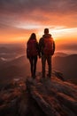 man and woman tourist hiking at mountain peak at sunset, romantic hikers couple standing at cliff at sunrise Royalty Free Stock Photo