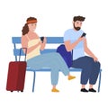 Man and woman tourists sitting on bench with suitcases waiting for departure travel vacation vector Royalty Free Stock Photo