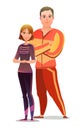 Man and woman in tracksuit. Got ready for sports activities. Cheerful person. Standing pose. Cartoon style. Single