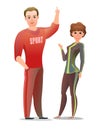 Man and woman in tracksuit. Got ready for sports activities. Cheerful person. Standing pose. Cartoon style. Single