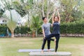 Man and woman training yoga outdoors in meditate pose stand on green grass