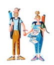 Man and woman travelers with backpacks standing. Young happy hipster couple. Girl looking at paper map. Trip or tour for