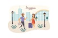 Man and woman travelers with luggage go in airport Royalty Free Stock Photo