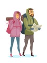 Man and woman travelers with map on rout isolated