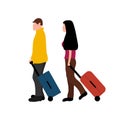 Man and woman travelers with suitcases isolated on white background. Family couple cartoon flat design, vector Royalty Free Stock Photo