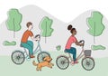 Man and woman traveling on bike in park, dog running nearby, family trip, doodle style vector Royalty Free Stock Photo