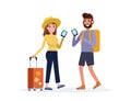 Man and Woman traveling together. Using Smartphone for search and reading reviews. Royalty Free Stock Photo