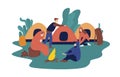 Man and woman travelling together resting at summer camp vector flat illustration. Group of tourist people relaxing near