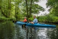 Man and woman of two generations paddling on a water canal in Spree Forest in East Germany