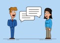 Man and woman or two workers are engaged in dialogue. Speech bubbles. Discussion of an idea or problem. Meeting of two Royalty Free Stock Photo
