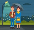 Man and Woman with Umbrella Walking Outdoor in Autumn Enjoying Rainy Weather Vector Illustration