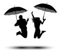 Man and woman with umbrellas in jumping silhouette. People with parasol from the rain. Vector on white background